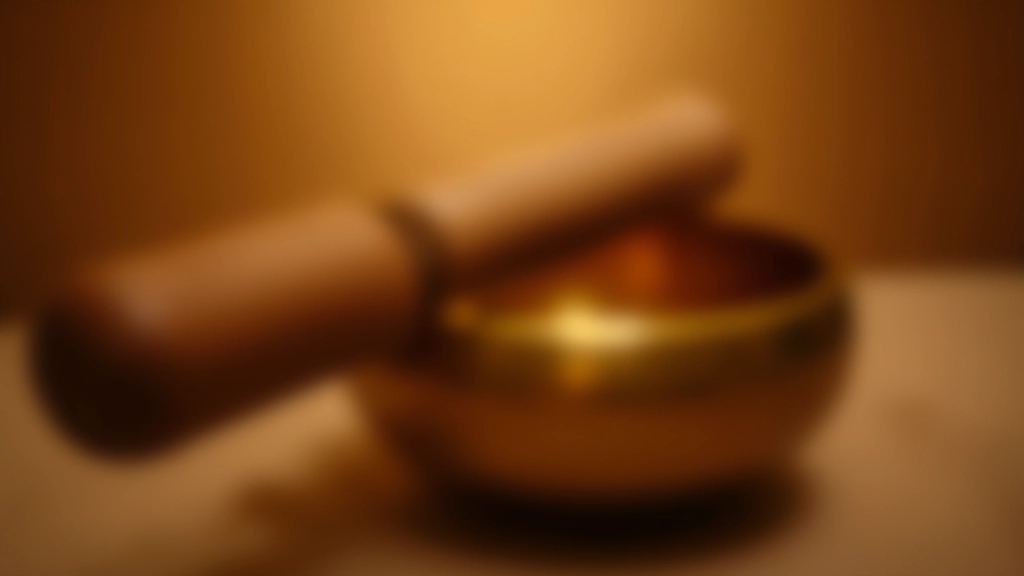 Bol chantant en laiton doré avec maillet de méditation sur surface zen
