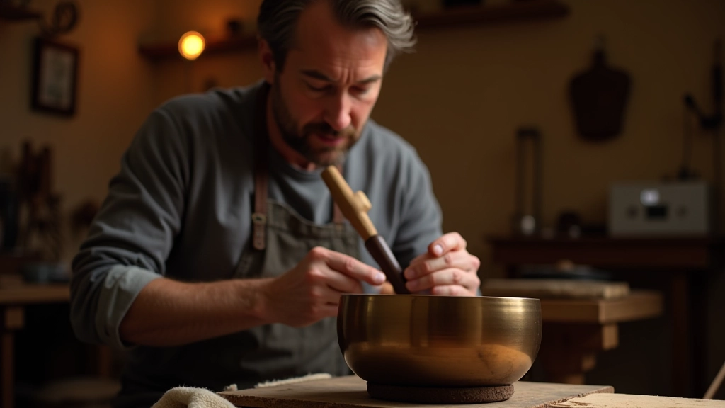 Artisan népalais travaillant la création d'un bol chantant avec marteau et burin traditionnels