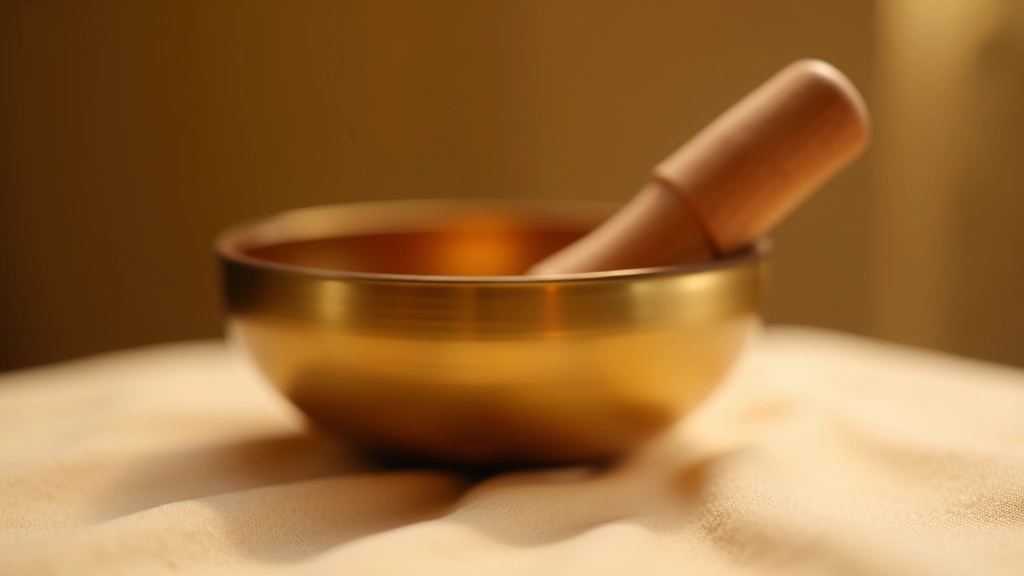 Bol chantant doré avec maillet de frappe sur fond beige clair