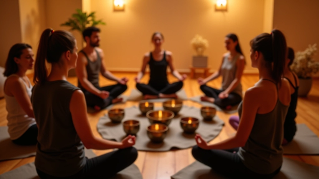 Groupe de personnes en séance de méditation collective dans studio acoustique
