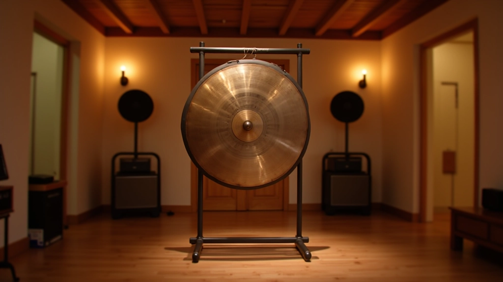 Gong métallique suspendu dans studio acoustique avec équipement sonore