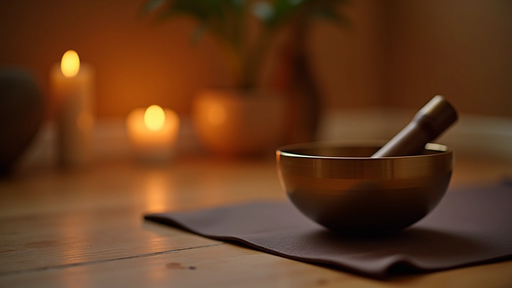 Espace de méditation minimaliste avec bols sonores placés sur tapis, lumière douce et bougies