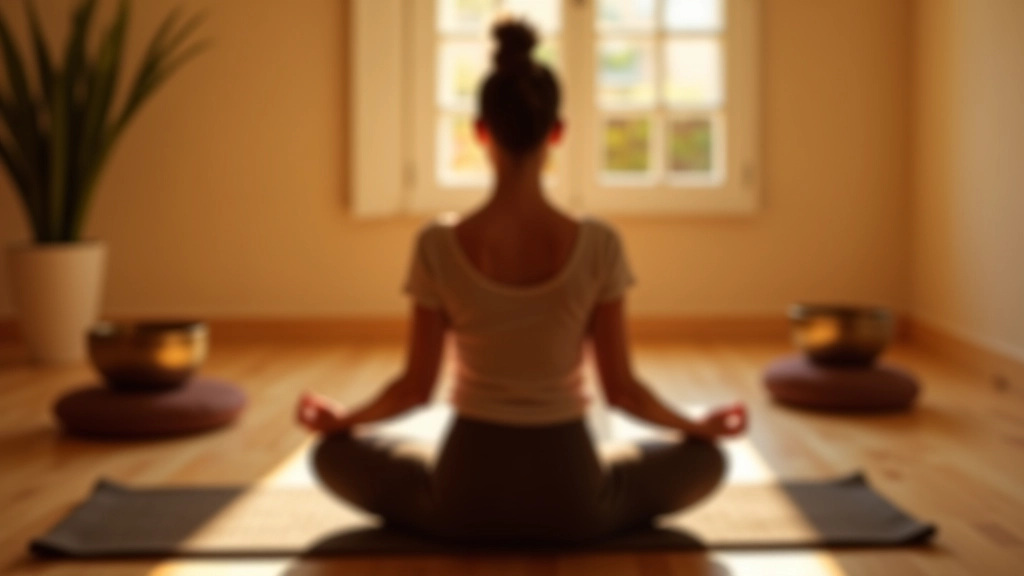 Studio de méditation sonore calme avec bols, coussins et lumière douce apaisante