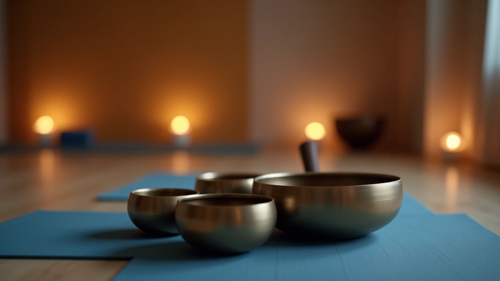 Studio de méditation avec bols vibratoires alignés sur tapis de yoga bleu