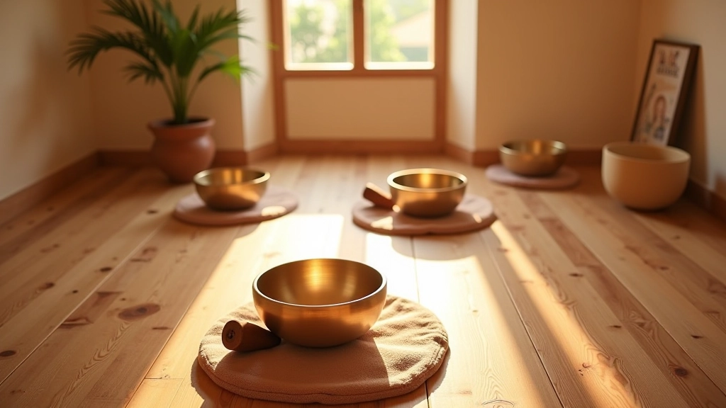 Vue de dessus d'une salle de méditation avec bols vibratoires disposés sur des coussins