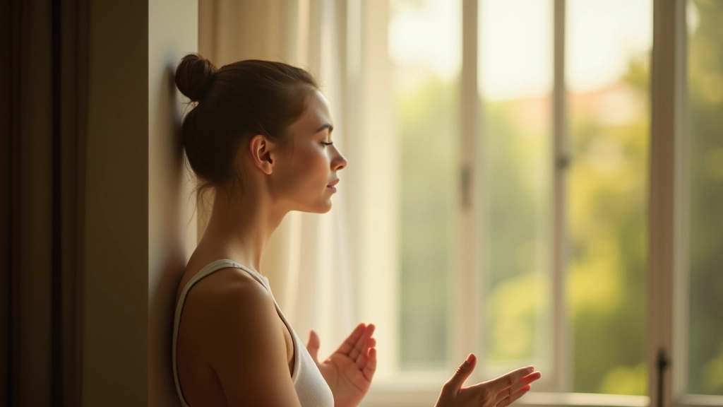 Personne regardant par une fenêtre avec expression sereine, lumière naturelle du jour