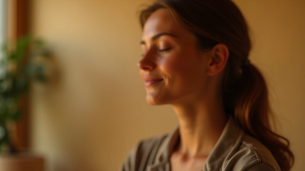 Femme en méditation les yeux fermés, expression paisible, dans une ambiance de sérénité