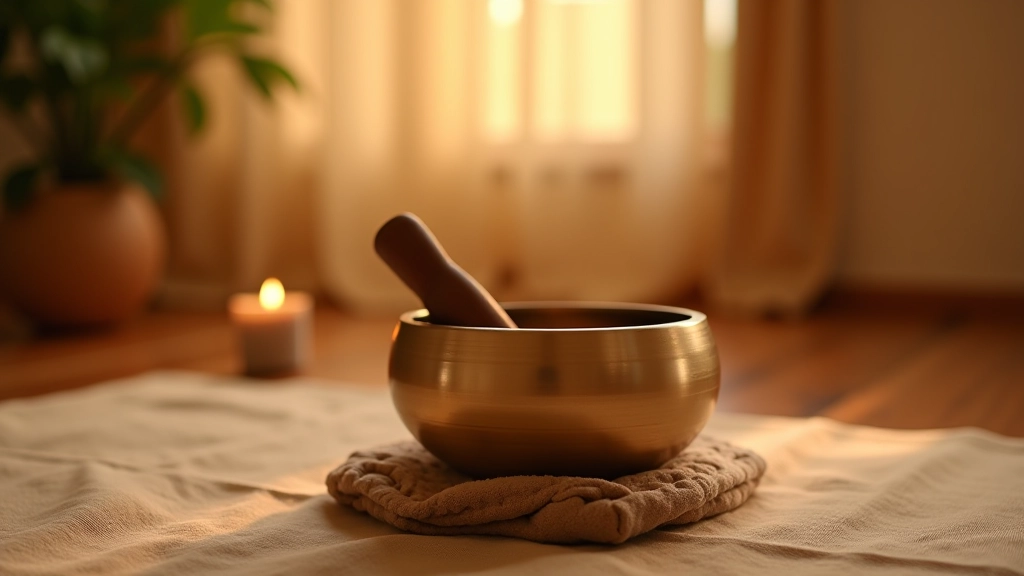 Salle de méditation sereine avec bols vibratoires et éclairage doux