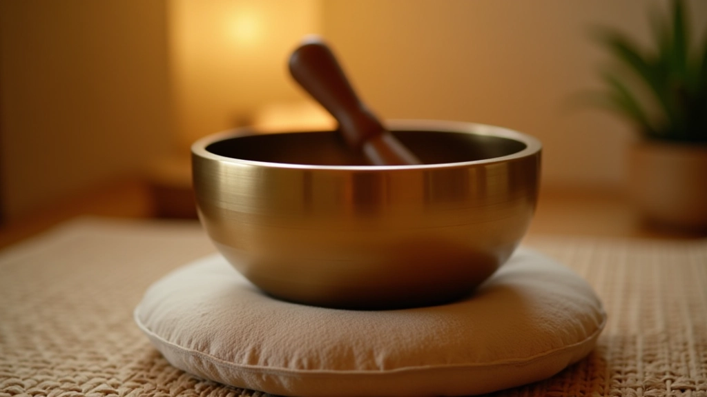 Gros plan d'un bol vibratoire sur un coussin de méditation
