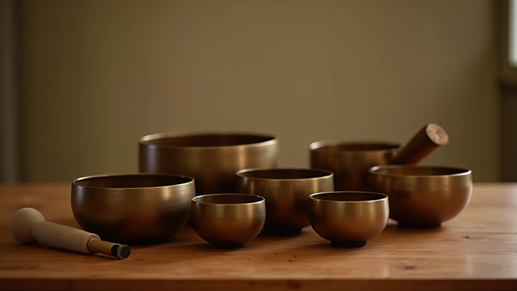 Plusieurs bols chantants tibétains de différentes tailles alignés avec instruments de frappe