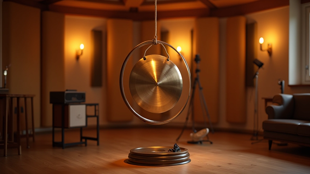 Gong métallique suspendu dans studio acoustique professionnel avec équipement sonore