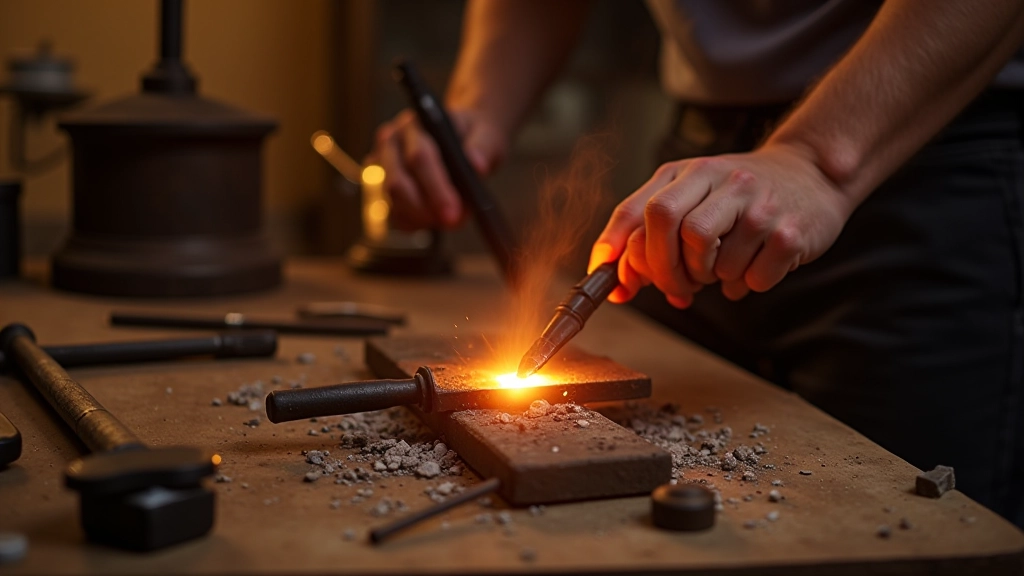 Processus de fabrication montrant le métal en fusion et les outils d'artisanat traditionnels