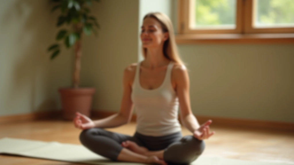 Personne assise en position de méditation, yeux fermés, expression paisible dans une pièce calme